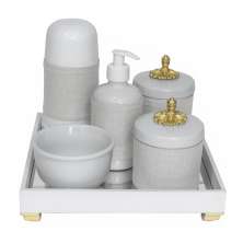 Kit Higiene Espelho Completo Porcelanas, Garrafa Pequena e Capa Provençal Dourado Quarto Bebê Unissex