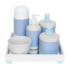 Kit Higiene Espelho Completo Porcelanas, Garrafa Pequena e Capa Ursinho Azul Quarto Bebê Menino