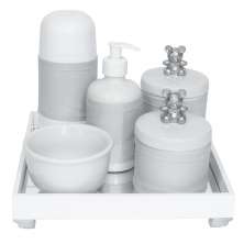 Kit Higiene Espelho Completo Porcelanas, Garrafa Pequena e Capa Ursinho Prata Quarto Bebê Unissex