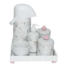 Kit Higiene Espelho Completo Porcelanas, Garrafa e Capa Coroa Rosa Quarto Bebê Menina
