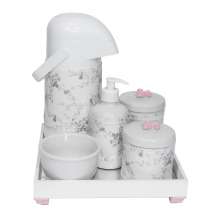 Kit Higiene Espelho Completo Porcelanas, Garrafa e Capa Flor de Liz Rosa Quarto Bebê Menina