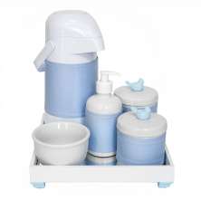 Kit Higiene Espelho Completo Porcelanas, Garrafa e Capa Passarinho Azul Quarto Bebê Menino
