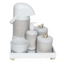 Kit Higiene Espelho Completo Porcelanas, Garrafa e Capa Passarinho Dourado Quarto Bebê Unissex