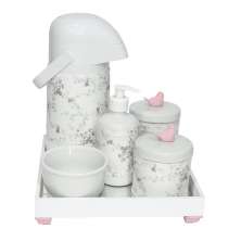 Kit Higiene Espelho Completo Porcelanas, Garrafa e Capa Passarinho Rosa Quarto Bebê Menina