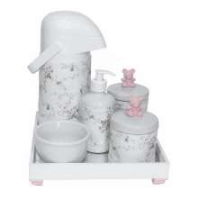 Kit Higiene Espelho Completo Porcelanas, Garrafa e Capa Ursinho Rosa Quarto Bebê Menina