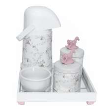 Kit Higiene Espelho Potes, Garrafa, Molhadeira e Capa Cavalinho Rosa Quarto Bebê Menina