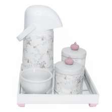Kit Higiene Espelho Potes, Garrafa, Molhadeira e Capa Coroa Rosa Quarto Bebê Menina