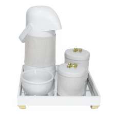 Kit Higiene Espelho Potes, Garrafa, Molhadeira e Capa Flor de Liz Dourado Quarto Bebê Unissex