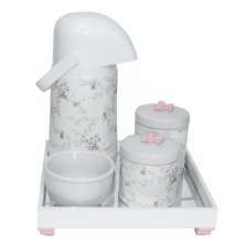 Kit Higiene Espelho Potes, Garrafa, Molhadeira e Capa Flor de Liz Rosa Quarto Bebê Menina