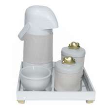 Kit Higiene Espelho Potes, Garrafa, Molhadeira e Capa Nuvem Dourado Quarto Bebê Unissex