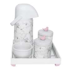 Kit Higiene Espelho Potes, Garrafa, Molhadeira e Capa Passarinho Rosa Quarto Bebê Menina