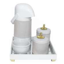 Kit Higiene Espelho Potes, Garrafa, Molhadeira e Capa Provençal Dourado Quarto Bebê Unissex