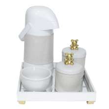 Kit Higiene Espelho Potes, Garrafa, Molhadeira e Capa Ursinho Dourado Quarto Bebê Unissex