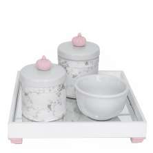 Kit Higiene Espelho Potes, Molhadeira e Capa Coroa Rosa Quarto Bebê Menina