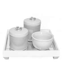 Kit Higiene Espelho Potes, Molhadeira e Capa Flor de Liz Prata Quarto Bebê Unissex
