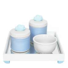 Kit Higiene Espelho Potes, Molhadeira e Capa Nuvem Azul Quarto Bebê Menino