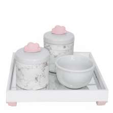 Kit Higiene Espelho Potes, Molhadeira e Capa Nuvem Rosa Quarto Bebê Menina