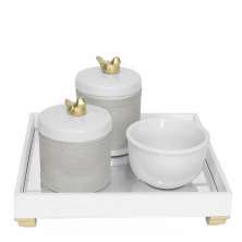 Kit Higiene Espelho Potes, Molhadeira e Capa Passarinho Dourado Quarto Bebê Unissex
