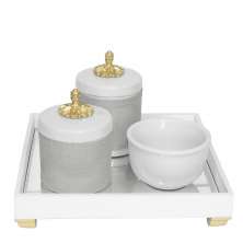 Kit Higiene Espelho Potes, Molhadeira e Capa Provençal Dourado Quarto Bebê Unissex