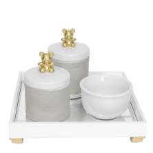 Kit Higiene Espelho Potes, Molhadeira e Capa Ursinho Dourado Quarto Bebê Unissex