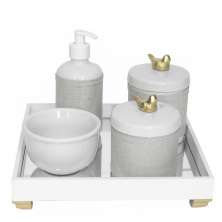 Kit Higiene Espelho Potes, Molhadeira, Porta Álcool-Gel e Capa Passarinho Dourado Quarto Bebê Unissex