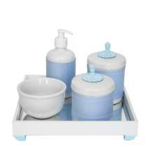Kit Higiene Espelho Potes, Molhadeira, Porta Álcool-Gel e Capa Provençal Azul Quarto Bebê Menino