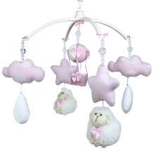 Móbile Musical Ovelha, Nuvens e Balão Rosa Quarto Bebê Infantil Menina