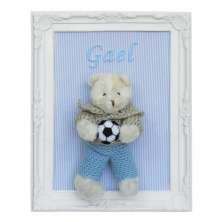 Porta Maternidade Quadro Urso Bege Roupa de Crochê e Bola de Futebol Quarto Bebê Infantil Menino