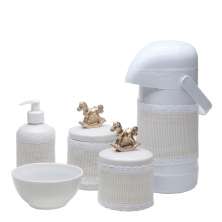 Potes, Garrafa, Molhadeira e Porta Álcool-Gel Com Capa Cavalinho Dourado Quarto Bebê Infantil Menina Menino
