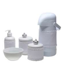 Potes, Garrafa, Molhadeira e Porta Álcool-Gel Com Capa Coroa Prata Quarto Bebê Infantil Menina Menino