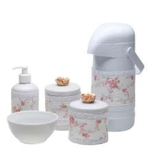 Potes, Garrafa, Molhadeira e Porta Álcool-Gel Com Capa Florzinha Dourada Quarto Bebê Infantil Menina