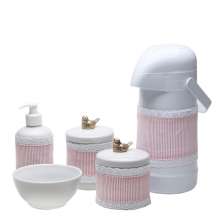 Potes, Garrafa, Molhadeira e Porta Álcool-Gel Com Capa Passarinho Dourado Quarto Bebê Infantil Menina