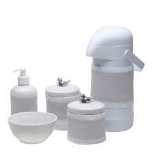 Potes, Garrafa, Molhadeira e Porta Álcool-Gel Com Capa Passarinho Prata Quarto Bebê Infantil Menina Menino