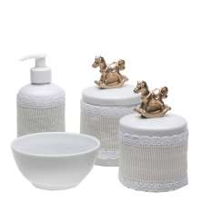 Potes, Molhadeira e Porta Álcool-Gel Com Capa Cavalinho Dourado Quarto Bebê Infantil