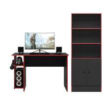 Conjunto Gamer Mesa e Armario Conquest Preto Fosco Vermelho