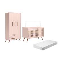 Kit Quarto de Bebe Retro Berço e Guarda Roupa Havana Rosa com Colchao