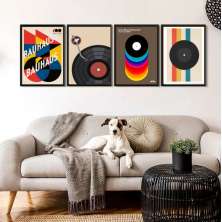 Kit 4 Quadros Abstratos Bauhaus Discos 45x34cm - com vidro