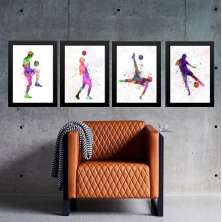 Kit 4 Quadros Aquarela Futebol 24x18cm - com vidro