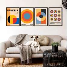 Kit 4 Quadros Arte Bauhaus Círculos 33x24cm - com vidro