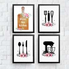 Kit 4 Quadros Cozinha Poá  -Preto e Rosa 45x34cm - com vidro