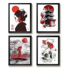 Kit 4 Quadros Decorativos Artes Orientais 33x24cm - com vidro