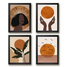 Kit 4 Quadros Decorativos Boho Mulher E Lua 45x34cm - com vidro