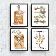 Kit 4 Quadros Decorativos Cozinha Abençoada 33x24cm - com vidro