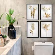 Kit 4 Quadros Decorativos Flores Brancas Com Dourado 24x18cm