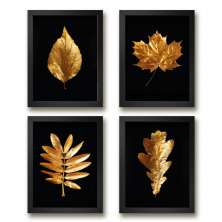 Kit 4 Quadros Decorativos Folhas Douradas 24x18cm - com vidro