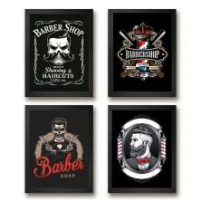 Kit 4 Quadros Decorativos Para Barbearia 45x34cm - com vidro