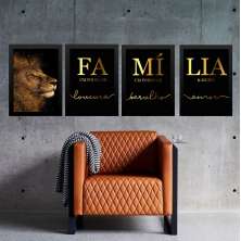 Kit 4 Quadros Família - Leão Dourado 33x24cm - com vidro