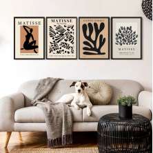Kit 4 Quadros Matisse Bege e Preto Abstrato 45x34cm - com vidro