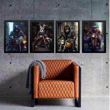 Kit 4 Quadros Motos - Animais Motociclistas 33x24cm - com vidro