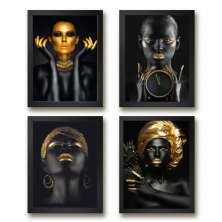 Kit 4 Quadros Mulheres Preto Com Dourado 24x18cm - com vidro